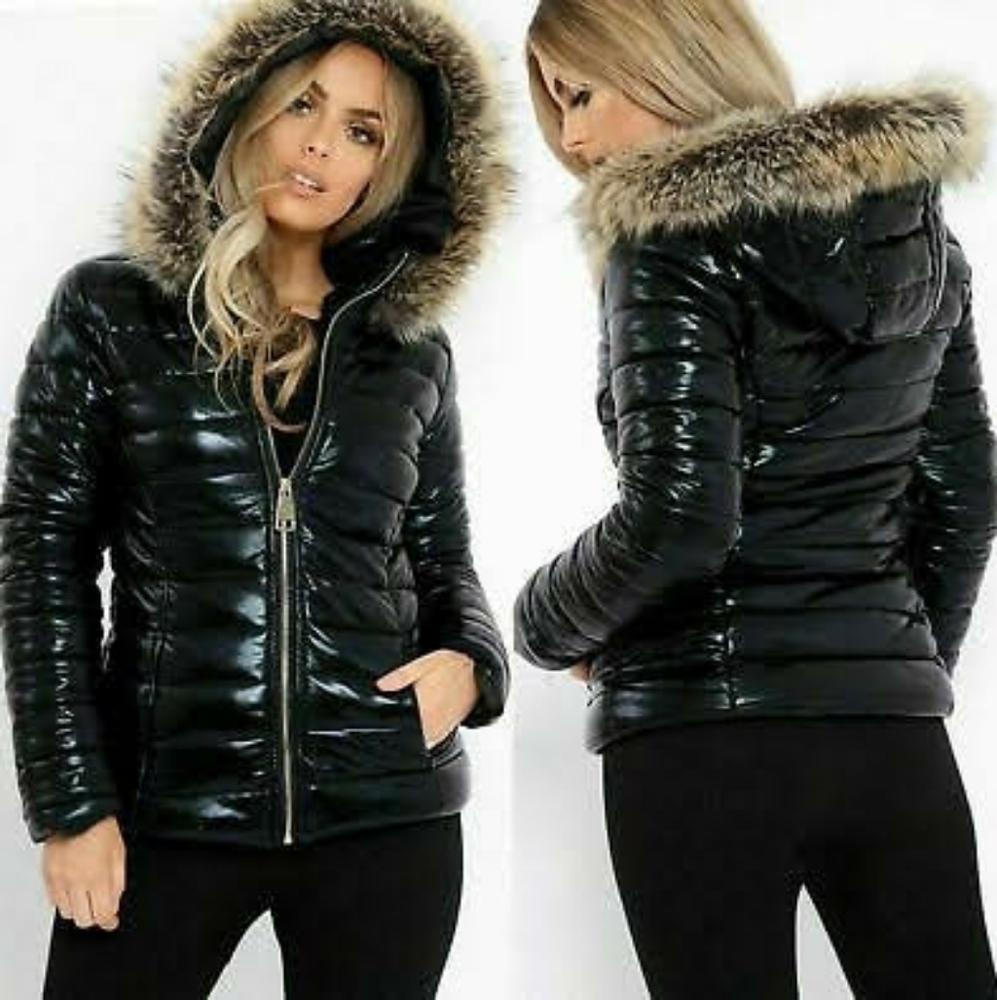 XL Black Wet look Puffer Jacket with fur hood - Picture 6 of 6